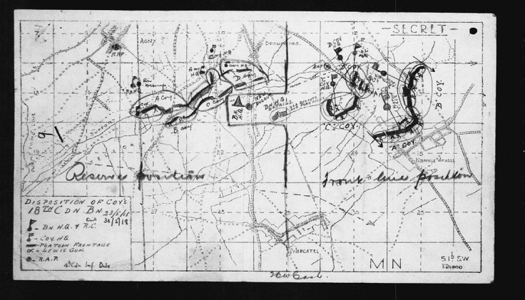 Map of 18th Battalion Positions just outside and to the north-west of Neuville-Vitasse, Arras Sector, France.