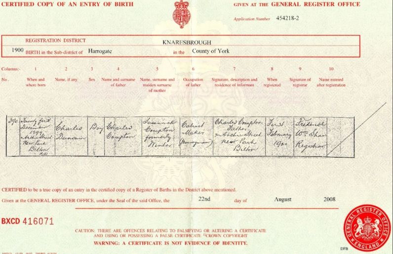 Birth certificate showing true date of birth. Compton stated his year of birth on his attestation papers as 1897 when, in fact, it was 1899. Source Susan Routledge via CGWP site.