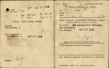 Field Medical Card Side 1 for Private John Ritchie 3131334