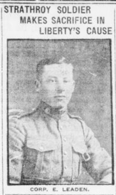 Strathroy Soldier Makes Sacrifice in Libertys Cause London Advertiser. December 1 1916 Page 2 Corp E Leaden