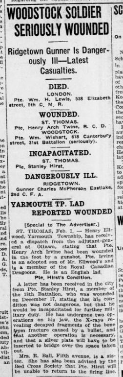 Woodstock Soldier Seriously Wounded London Advertiser February 2 1916 Page 10
