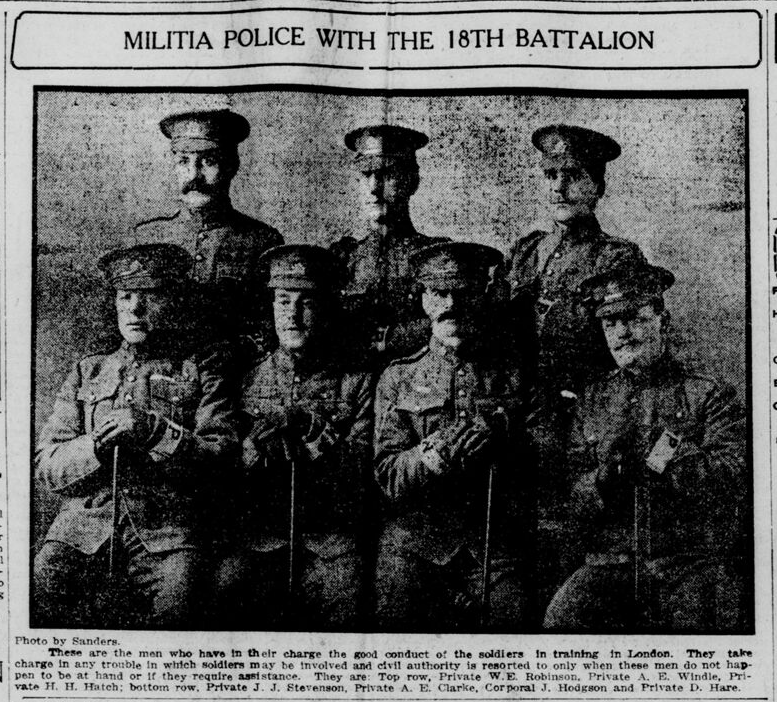 Military Police with 18th Battalion London Free Press December 1914